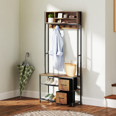 Hall Tree with Bench and Shoe Storage, 5-in-1 Entryway Bench with Coat Rack, 3 Storage Shelves, 2 Fabric Drawers, Brown