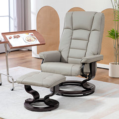 Faux Leather Recliner with Ottoman, Swivel Recliner Chair and Ottoman with High Back and Wood Base, Gray