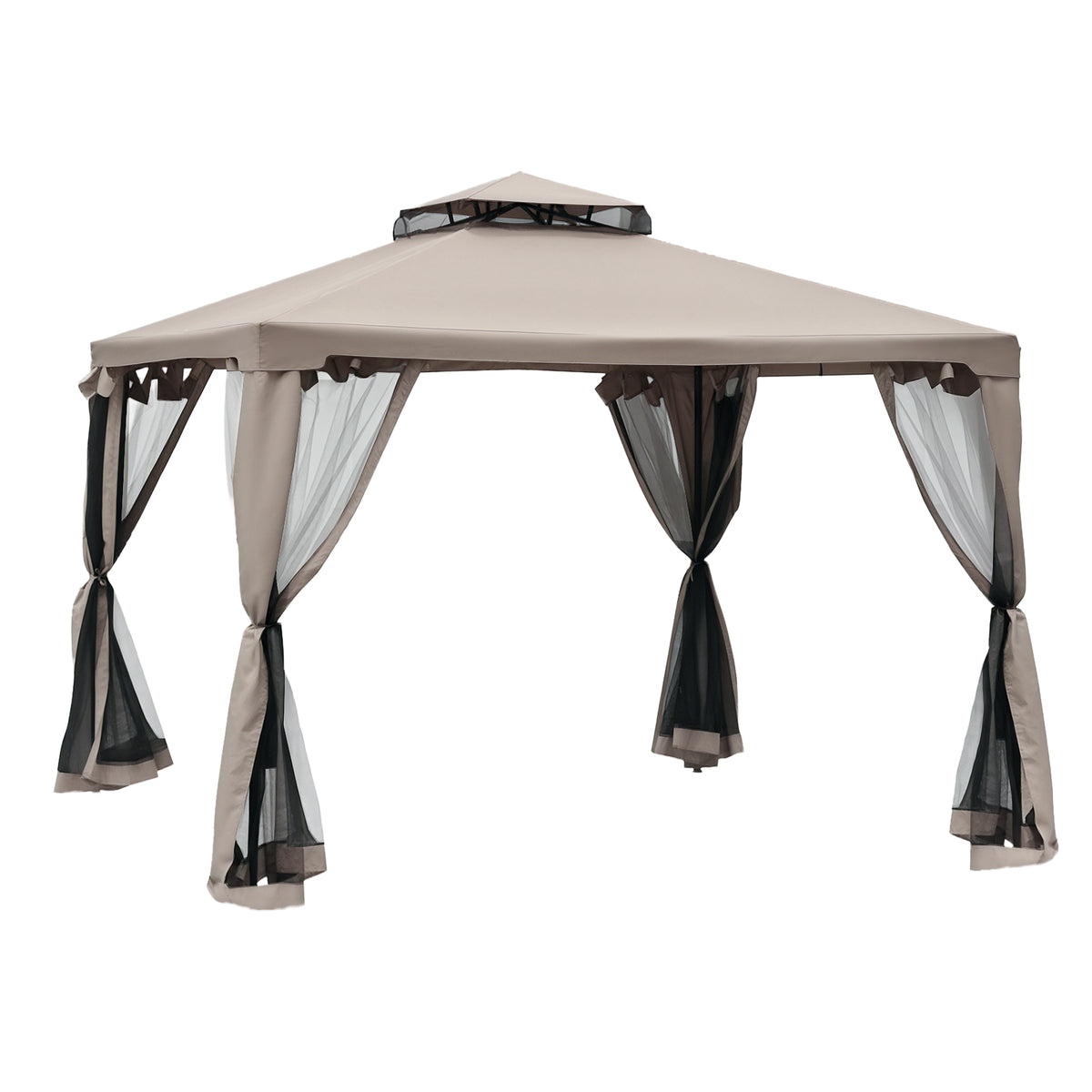 9.6' x 9.6' Patio Gazebo Outdoor Canopy Shelter with 2-Tier Roof and Netting, Steel Frame for Garden, Taupe