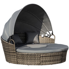 4-Piece Round Convertible Daybed with Cushions, Outdoor PE Rattan Patio Wicker Sofa Set, Sunbed with Adjustable Sun Canopy, Sectional Sofa, 2 Chairs, Table, 3 Pillows, Gray