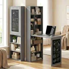 Fold-out Convertible Office Desk, Wall Mount Computer Desk with Blackboard and Side Shelf, Charcoal Gray