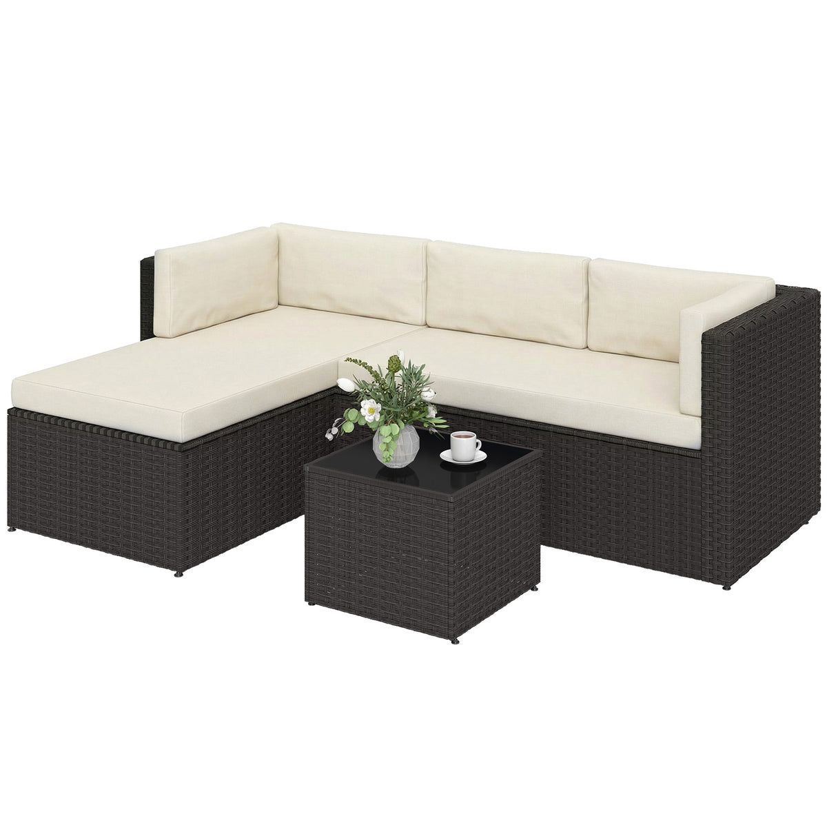 3 Piece Patio Furniture Set, Wicker Outdoor Patio Conversation Furniture Set with Cushions, Glass Top Table, Beige