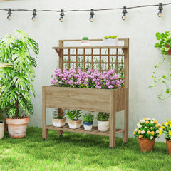 41" Raised Garden Bed Mobile Elevated Wooden Planter Box Stand with Wheels, Trellis and Storage Shelf, Dark Brown