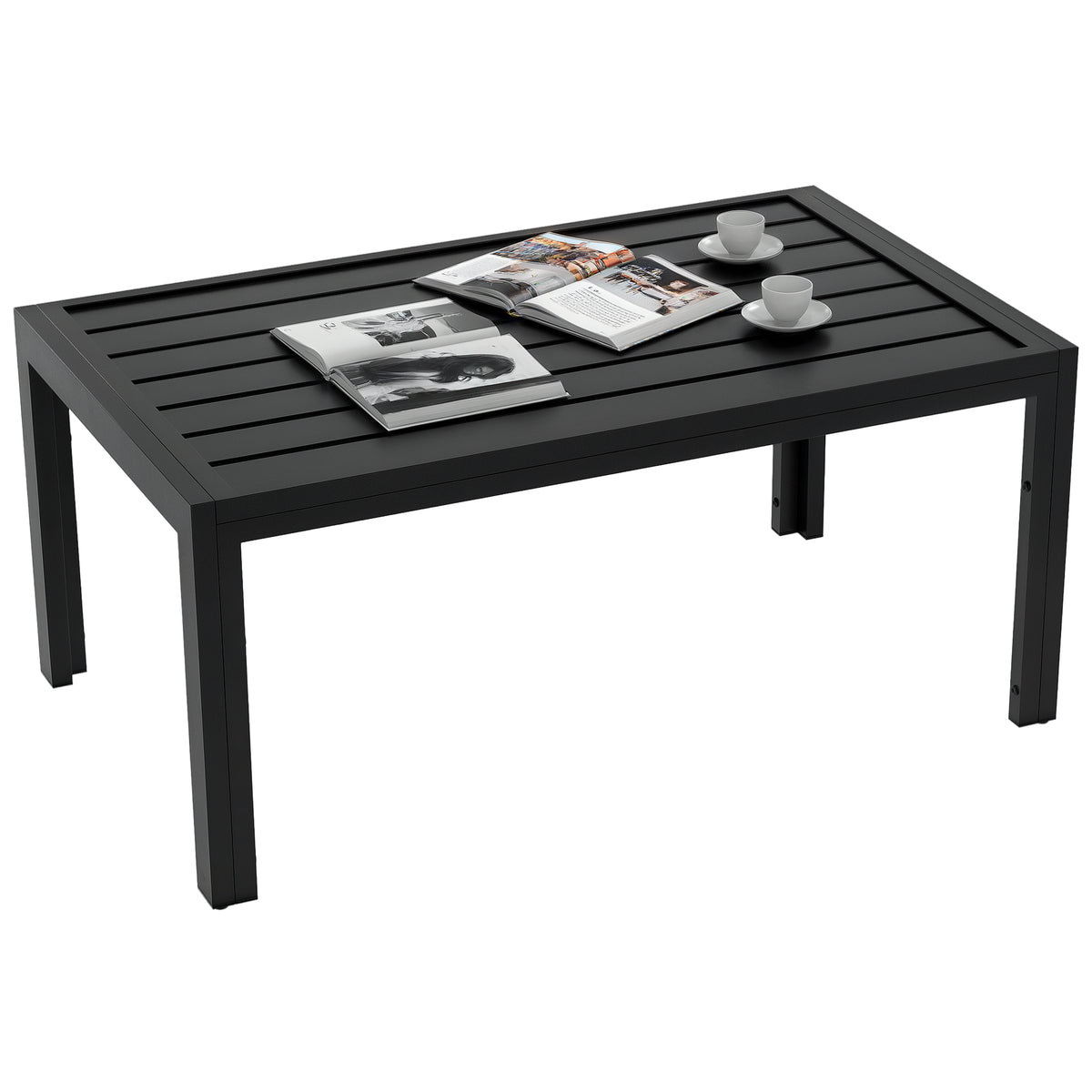 Outdoor Coffee Table, Rectangular Patio Side Table with Steel Frame and Slat Tabletop for Garden, Balcony, Black