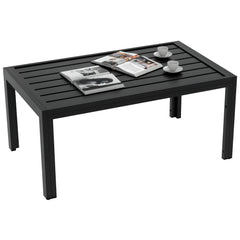 Outdoor Coffee Table, Rectangular Patio Side Table with Steel Frame and Slat Tabletop for Garden, Balcony, Black
