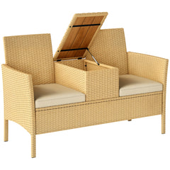 Patio Sofa Wicker Loveseat with Built-in Flip-Top Coffee Table and Cushions for Balcony, Garden, Lawn, Backyard, Khaki