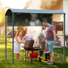 7FT Grill Gazebo BBQ Canopy with Sun Shade Panel Side Awning, 2 Exterior Serving Shelves, 5 Hooks for Patio Lawn Backyard