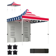 10' x 10' Heavy Duty Pop Up Canopy Tent with Sidewall, UPF50+ Instant Sun Shelter with Storage Pockets, American Flag