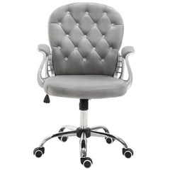 Velvet Home Office Chair, Button Tufted Desk Chair with Padded Armrests, Adjustable Height and Swivel Wheels, Gray