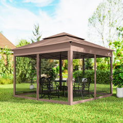 Outdoor Patio Pop Up Canopy Gazebo Shelter with Zipper Netting, Carry Bag, 11' x 11', Brown