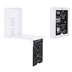 Wall Mounted Foldable Desk with a Blackboard, Fold Out Convertible Floating Desk with Shelves, White