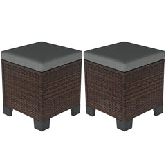 2 Piece Wicker Outdoor Ottomans with Cushions, Rattan Ottoman Footrest and Side Table for Patio, Yard, Poolside, Gray