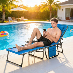 Folding Outdoor Chaise Lounge Chair Tanning Chair with 5-Level Adjustable Back, Side Table, Pillow, Pocket, Blue