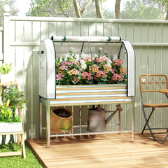 Galvanised Raised Garden Bed with Greenhouse Cover, Metal Elevated Garden Bed with Bed Liner, Bottom Shelf, Silver