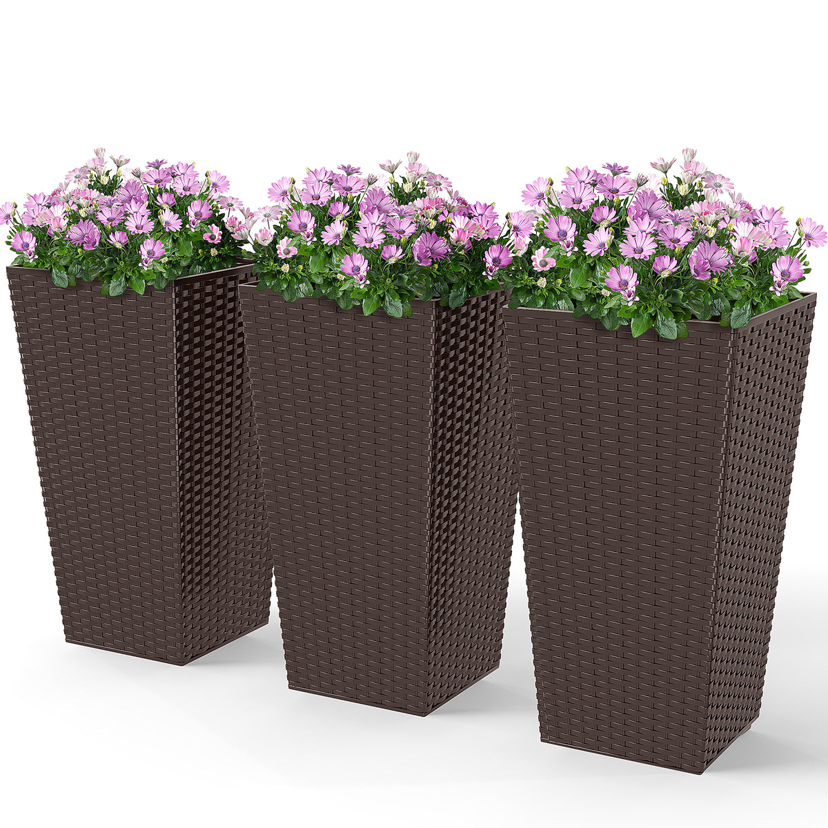 Tall Planters for Outdoor Plants Set of 3, 24 In Taper Planters with Drainage Holes, Rattan Decor Plant Pots for Indoor Outdoor Front Porch Patio Backyard, Brown