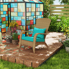 Patio Adirondack Chair with Rattan Wicker, Soft Cushions, Tall Curved Backrest for Deck or Garden, Sky Blue