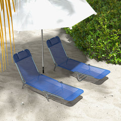 2 Piece Sun Loungers, Folding Chaise Lounge Chairs with Reclining Back, Breathable Mesh Seat, Headrest, Dark Blue
