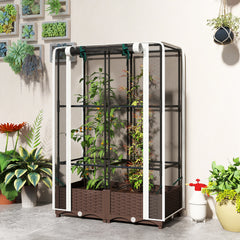 Raised Garden Bed with Trellis, 46.5" Tomato Cage with Crop Cage, Self Watering Planter Box with Drainage Holes, White
