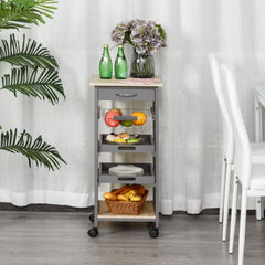 Mobile Kitchen Cart, Rolling Kitchen Island with Storage, Solid Wood Frame Utility Cart with Wire Fruit Baskets, Trays and Drawer, Gray