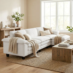 Sectional Sofa, L Shaped Couch with Deep Seat, Movable Ottoman and Pillow-top Armrests, Beige
