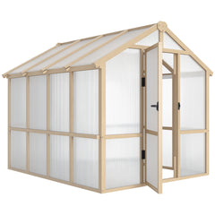 6.6 x 8 ft. Polycarbonate Greenhouse Wooden Walk-in Greenhouse Kit with Thickened Panels, Roof Vent, and Lockable Door