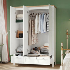 3 Doors Wardrobe Closet with 2 Drawers, Bedroom Armoire with Lockable Drawer, Hanging Rod and Storage Shelves, White