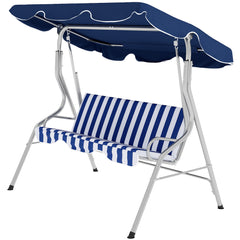 3-Person Porch Swing with Canopy, Patio Swing Chair, Outdoor Canopy Swing Bench with Adjustable Shade, Cushion and Steel Frame, Dark Blue & White Striped