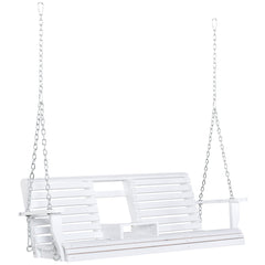 3-Seater Wooden Porch Swing, Patio Swing Bench with Folding Coffee Table, Cup Holders and Chains Included, 440lbs Weight Capacity, White