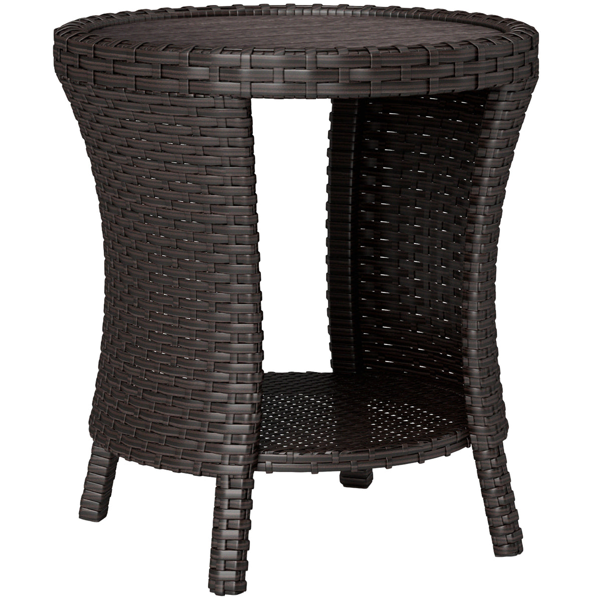 18" Wicker Outdoor Coffee Table, PE Rattan Patio Side Table with 2-Tier Storage, Composite Wood Top, Mixed Brown