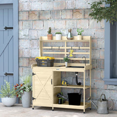 Wooden Potting Bench with Storage, Sink, Water Tap for Backyard, Patio, Balcony, Natural