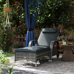 Outdoor Chaise Lounge, 5-Level Adjustable Backrest Rattan Pool Lounge Chair with Wheels, Cushion & Headrest, Black