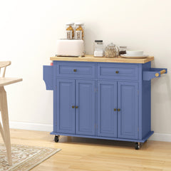 Kitchen Island on Wheels, Rolling Cart with Rubberwood Top, Spice Rack, Towel Rack and Drawers, Navy Blue