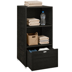 Valet Pool Towel Rack, Water-Resistant PE Plastic Rattan Wicker Storage Organizer, 2 Shelves, 1 Basket Drawer