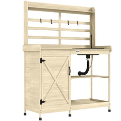 Wooden Potting Bench with Storage, Sink, Water Tap for Backyard, Patio, Balcony, Natural