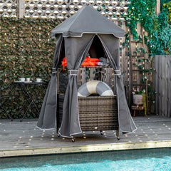 Outdoor Towel Valet Caddy, Covered Poolside Towel Holder Rack, Shelf, Basket, Rolling PE Rattan Wicker Storage on Wheels, Gray