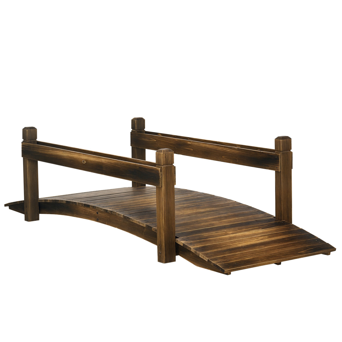 7.5' Wooden Garden Bridge with Planters, Stained Finish Arc Footbridge with Safety Railings for Backyard, Pond Stream, Stained Wood