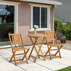 3-Piece Acacia Wood Bistro Set, Folding Patio Furniture with 2 Folding Chairs and Round Coffee Table, Teak, Slatted Finish, for Backyard, Balcony, Deck, Natural