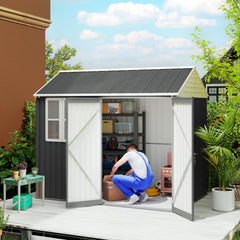 8' x 6' Metal Garden Storage Shed, Extra Large Outdoor Tool Storage House w/ Doors, Window and Air Vents, Dark Gray
