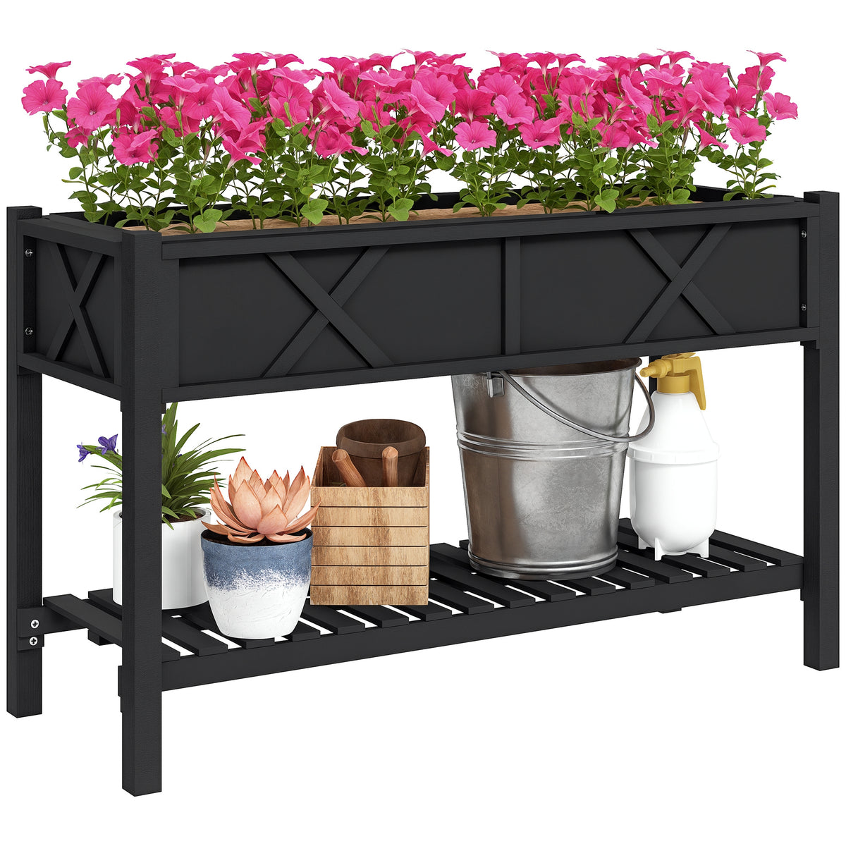 Raised Garden Bed, 47 x 22 x 31.5 in. Elevated Wood Planter Box with Storage Shelf, Drainage Holes, and Liner, Black