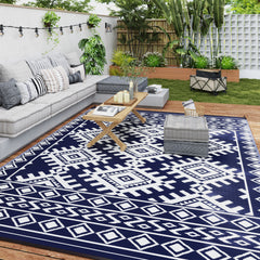 Reversible Outdoor Rug, Waterproof Plastic Straw with Carry Bag, 9' x 12', Blue & White Rhombus Border