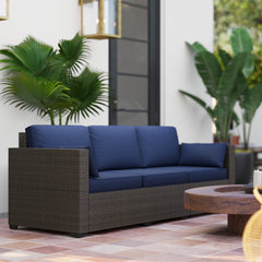 Patio Couch PE Wicker Deep Seating Outdoor Sofa with Removable Cushions, 3 Seater Rattan Sofa, Outdoor Furniture for Balcony, Deck, Garden and Poolside, Navy Blue