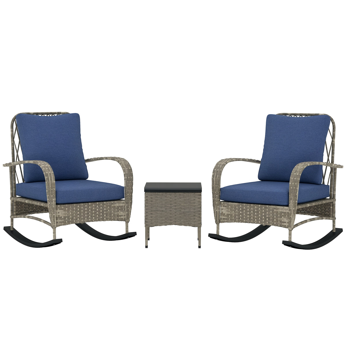 3 Piece Wicker Patio Furniture Set, Outdoor PE Rattan Rocking Chairs with Coffee Table, Cushions for Porch, Gray