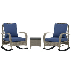3 Piece Wicker Patio Furniture Set, Outdoor PE Rattan Rocking Chairs with Coffee Table, Cushions for Porch, Gray