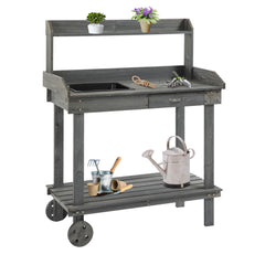 36'' Wooden Potting Bench Work Table with 2 Removable Wheels, Sink, Drawer & Large Storage Spaces, Gray