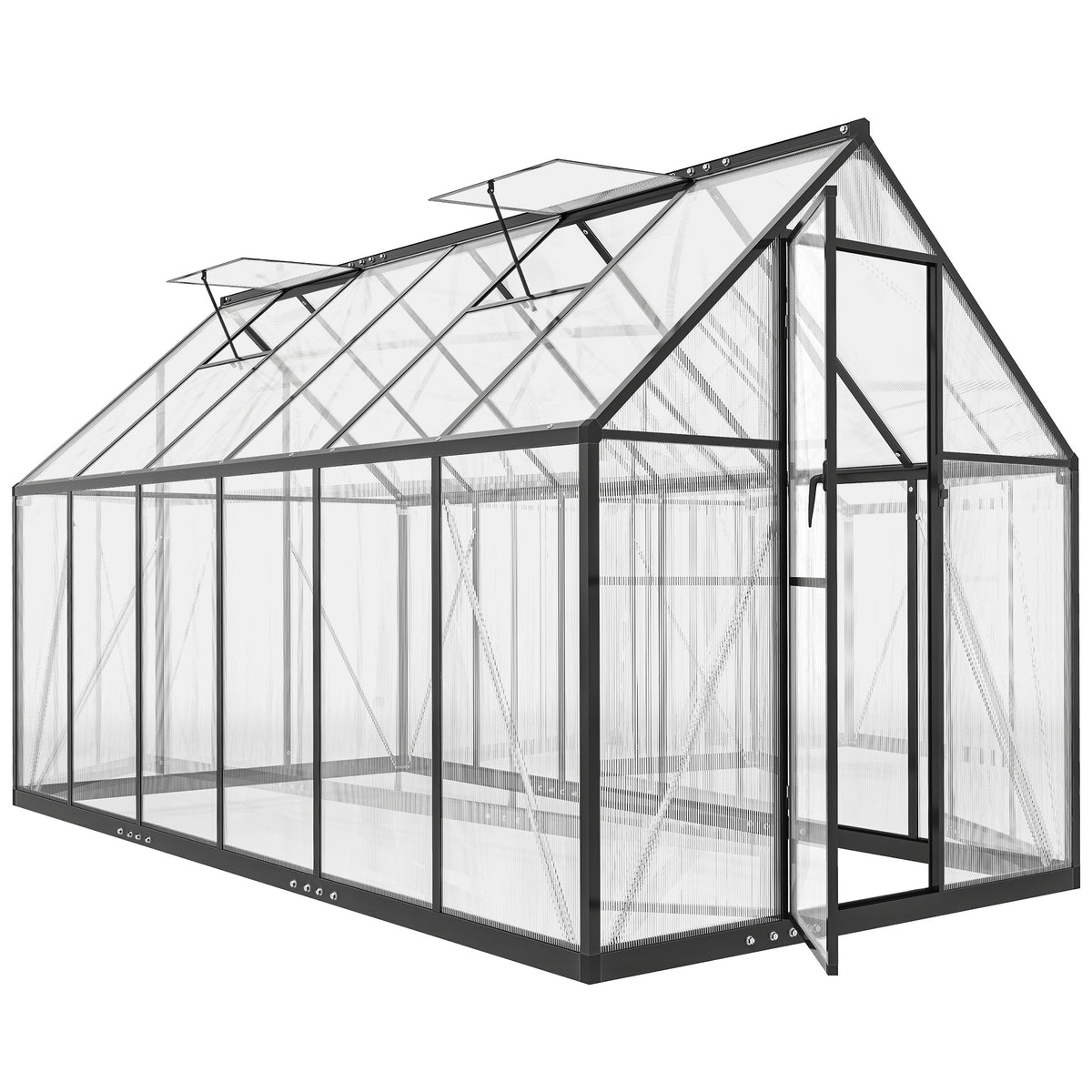Polycarbonate Greenhouse with Swing Door and Two Adjustable Roof Vents, Aluminum Walk-in Greenhouse, 11x6 ft, Black