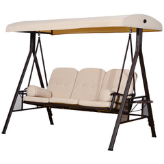 3-Seat Patio Swing Chair, Outdoor Porch Swing Glider with Adjustable Canopy, Removable Cushion, Pillows and Side Trays, for Garden, Poolside, Backyard, Beige
