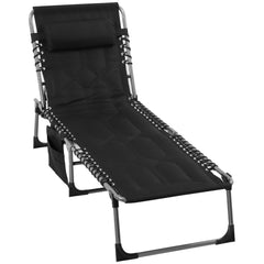 Padded Folding Chaise Lounge Chair, Outdoor 6-Level Reclining Camping Tanning Chair with Headrest for Beach, Yard, Patio, Pool, Black