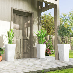 22.8 Inch Set of 3 Outdoor Planters with Stone Finish and Wheels, Stackable Tapered Planters with Drainage Hole, White