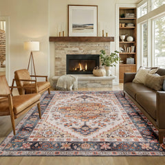 Area Rug 5x7, Machine Washable Rug, Non-Slip Boho Print Pattern Medallion Carpet for Living Room, Bedroom, Tawny Brown
