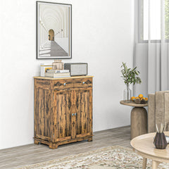 Kitchen Storage Cabinet, Sideboard Floor Cupboard with Solid Wood Top, Adjustable Shelf, and 2 Drawers, Brown